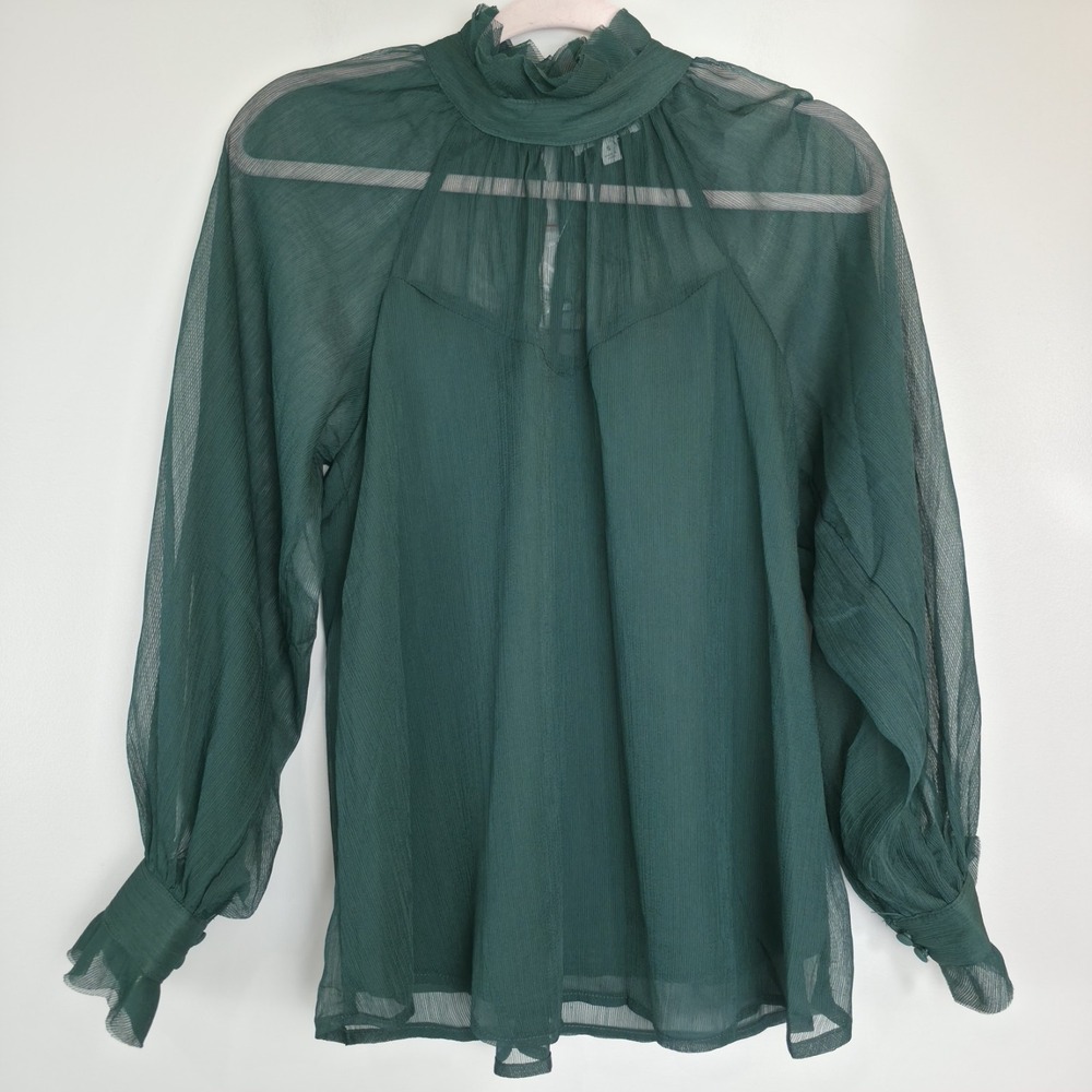 Blu Pepper Sheer Ruffle‎ Neck Long Sleeve Blouse Small Keyhole Back Chic NEW.E05